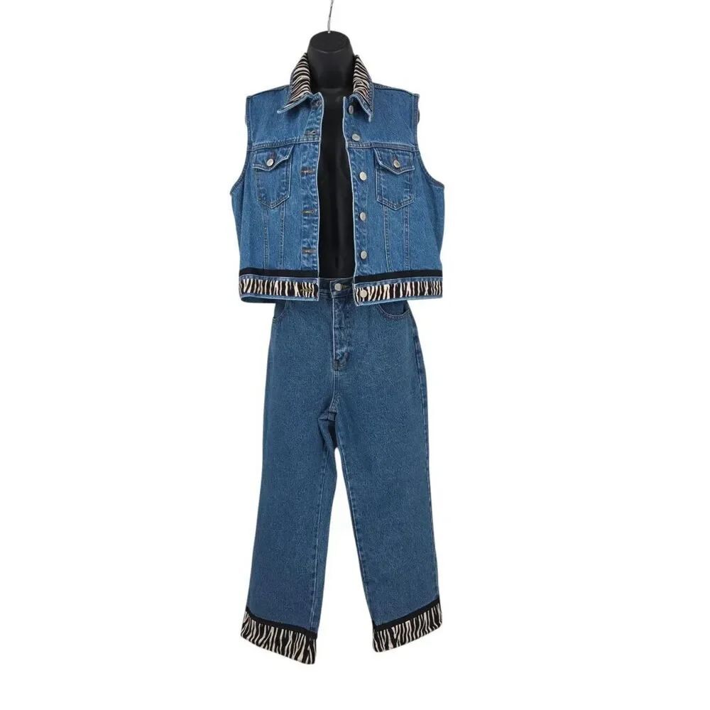 90s Vintage Denim Vest with Zebra Trim and Matching Set Mom Jeans